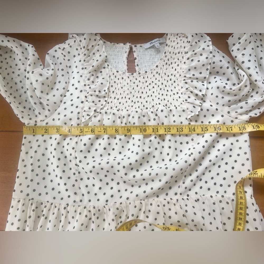 Madewell Smocked Ruffle-Shoulder Midi Dress Inkbrush Dots Cream Black Polka Dot - Picture 10 of 13